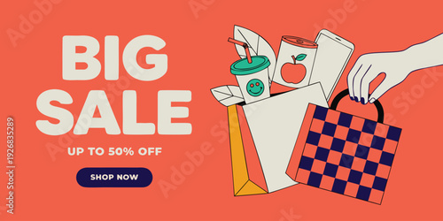 Big sale banner with grocery shopping bags and hand for promotional advertising background in retro cartoon style with trendy flat illustration colors for commercial commerce web