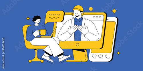Online education and remote work concept illustration with student using laptop for video call and digital communication via social media on smartphone in flat cartoon style vector