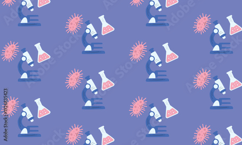 Medical Laboratory Pattern Background with Microscope, Flask, Bacteria and Viruses, Microbiology Science Concept