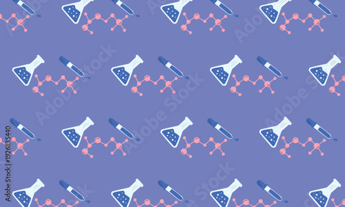 Medical Laboratory Pattern Background with DNA Helix, Pipette and Laboratory Flask, Biotechnology Concept