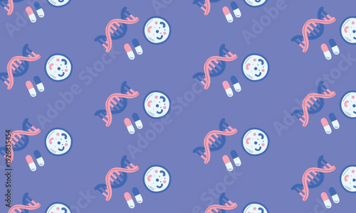 Medical Laboratory Pattern Background with DNA, Pills, Bacteria and Viruses, Healthcare Science Vector Illustration
