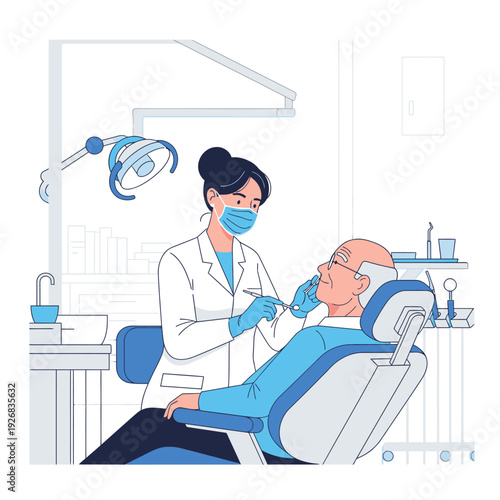 Dentist examining senior man's teeth in modern dental clinic, illustration