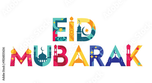 Colorful Eid Mubarak typography with floral and star decorative elements