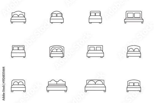 outline silhouette bed icon set isolated on white background. Side view bed icon