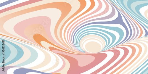 Optical illusion vortex in pastel colors, abstract psychedelic wavy lines, surreal tunnel effect, hypnotic background, distorted stripes pattern, digital art