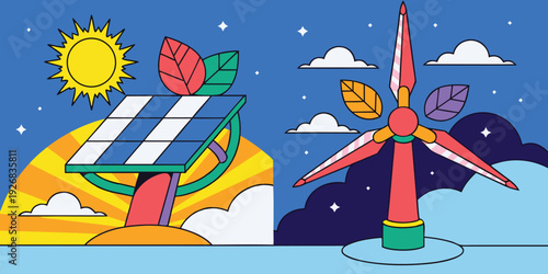 Renewable energy and green technology concept solar panels and wind turbine generating electricity from natural sources for sustainable future development
