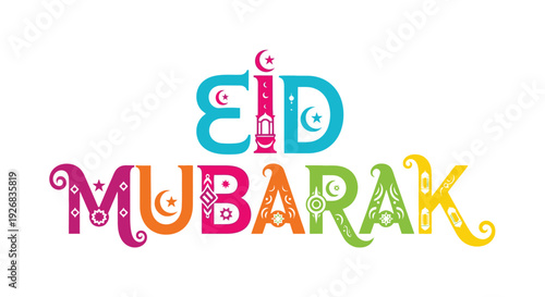 Colorful eid mubarak greeting with stars crescent moon and decorative swirls