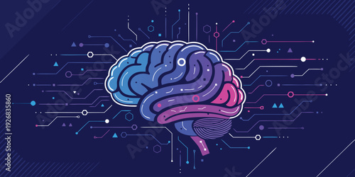 Artificial intelligence and machine learning concept with human brain neural network and digital lines symbolizing data processing and innovation