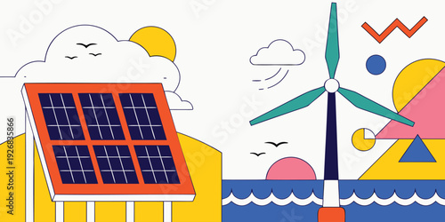 Renewable energy concepts, solar panel and wind turbine illustration, eco friendly power generation, clean energy technology, flat design with geometric shapes