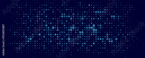 Glowing digital blue pixels for FinTech or Technology background. Abstract backdrop of glittering dots for scientific online webinar, blockchain or big data concept. Vector illustration.