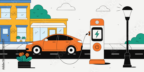 Electric car charging at a public station on a city street illustrating sustainable transportation and green energy solutions for urban environments