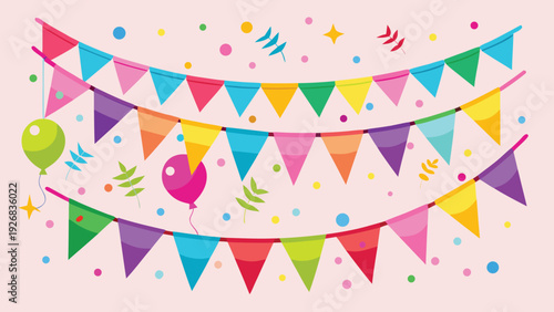 Colorful bunting flags displayed against a vibrant pink background, creating a festive and cheerful atmosphere.
