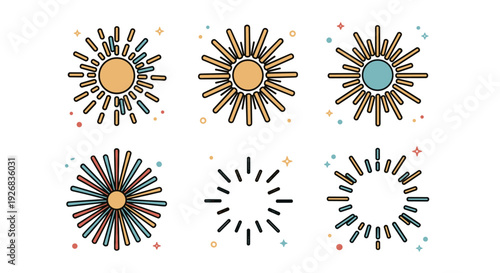 A collection of six colorful sun and star icons in modern vector style, perfect for seasonal designs and branding
