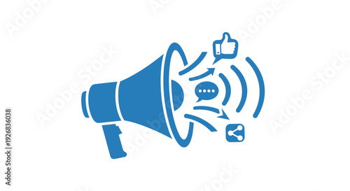 Blue Megaphone Icon with Social Media Symbols.