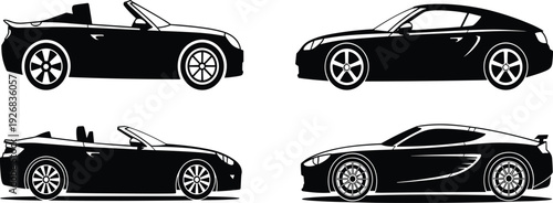 Black sports car silhouette vector set, luxury supercar icons, automotive profile design for branding, racing vehicle