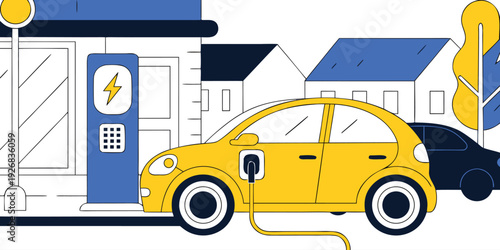 Electric vehicle charging station with yellow car plugged in for energy recharge near modern houses on sunny day symbolizing sustainable transport and eco friendly lifestyle innovation