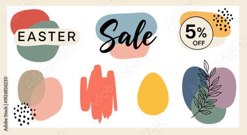 A colorful Easter sale promotional design featuring abstract shapes and elements in a modern vector style, perfect for marketing campaigns