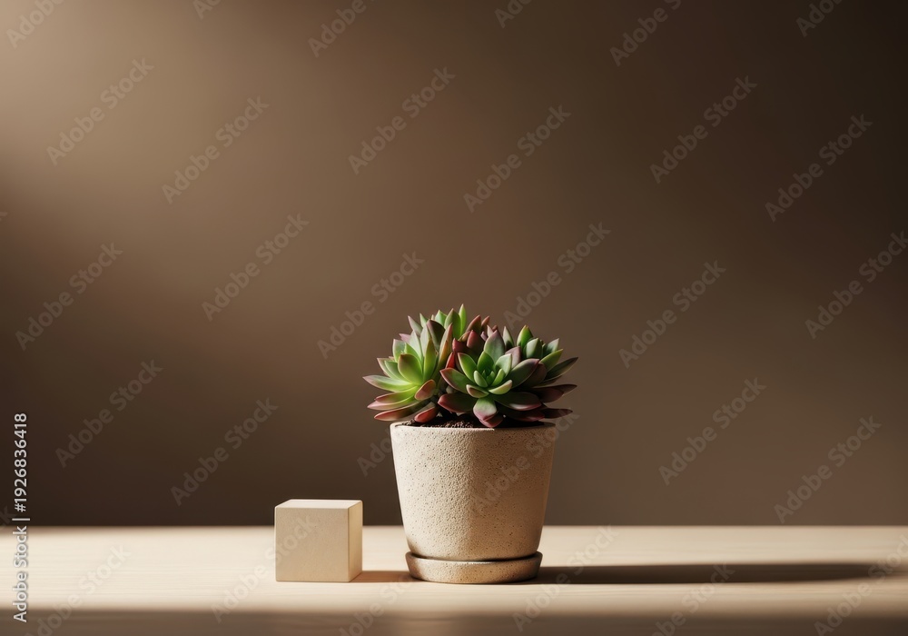Fototapeta premium A small succulent plant in a textured pot on a table with a cube