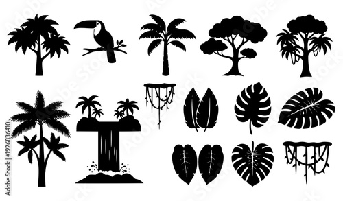 Black silhouette jungle elements collection with trees toucan waterfall and vines isolated on transparent background
