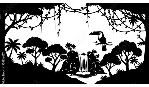 Decorative black jungle silhouette collection with toucan trees and waterfall isolated on transparent background