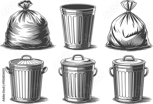 Metal trash can and garbage bag vector illustration set, waste bin silhouettes for sanitation and cleaning