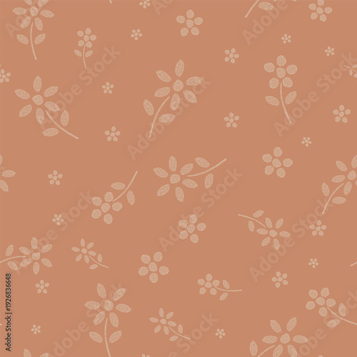 Warm orange tone tossed burlap textured seamless floral pattern background. Beautiful hand print look floral motifs scattered backdrop. Elegant, rustic botanical repeat.