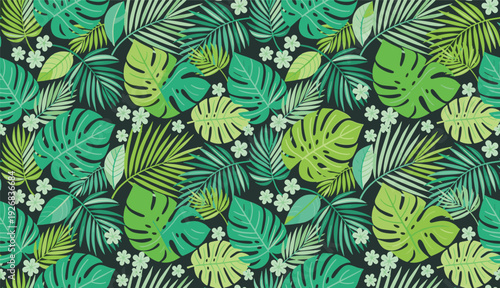 Seamless tropical pattern with green monstera and palm leaves on dark background