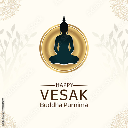Happy Vesak Day Buddha Purnima Greeting Card with Silhouette of Buddha in Meditation, Golden Circle, Mandala and Tree Branches on Cream Background