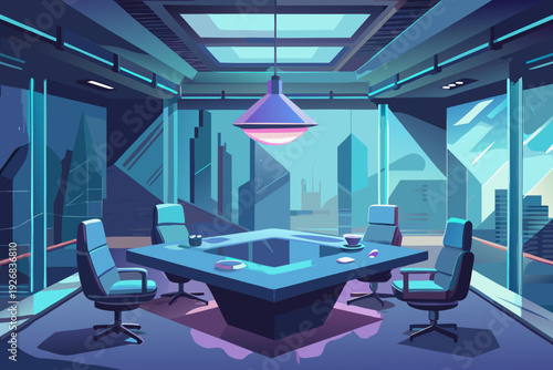 Futuristic meeting room with city view and blue tones
