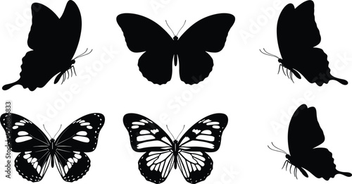 Black vector silhouette set of six butterflies featuring various wing patterns and side profiles for nature wildlife spring garden and decorative transformation concepts