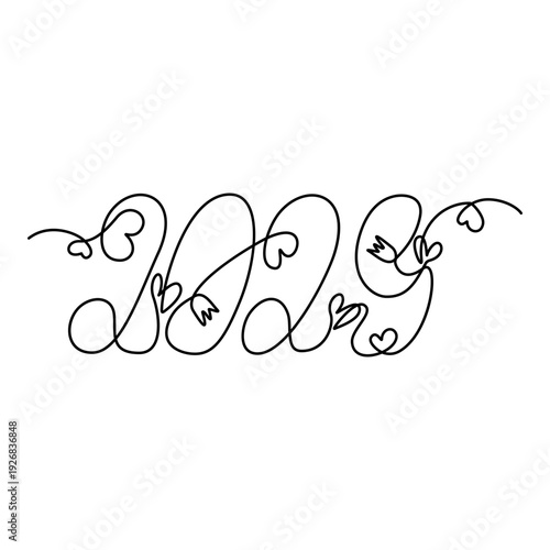 2029 One Continuous line Hand Drawn Lettering with flowers and hearts. New Year Date design element. Isolated Vector illustration New Year Greeting Thematic Card Party Invite, promo banner, label, tag