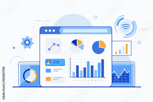 Minimal business statistics background with blue and orange graphs on devices
