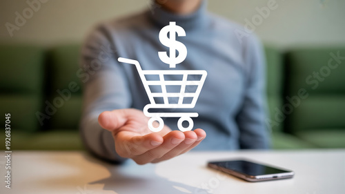 A person presenting a glowing shopping cart icon with a dollar sign overlay.