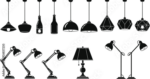 Black vector silhouette set of various interior lamps including modern pendant lights industrial hanging bulbs desk lamps and floor lamps for home decor design