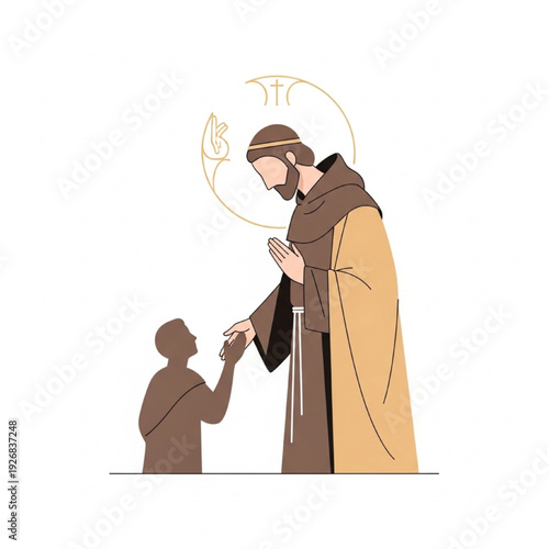 Saint Damien Vector Illustration, Compassionate Figure Helping Others, Modern Flat Design, Symbolic Gesture