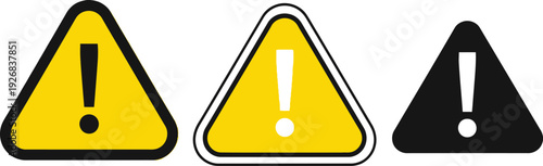 Set of hazard warning signs featuring an exclamation mark inside a triangle. Danger, caution, attention, or alert situations. Safety signage, web alerts, or industrial warnings. 