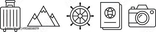 Set of Minimalist Travel and Adventure Line Icons Featuring a Suitcase, Mountain Peaks, Ship’s Wheel, Passport with Globe, and Digital Camera