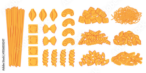 Italian pasta doodle set. Large selection of Italian pasta collections – spaghetti, ravioli, fusilli and shells.
