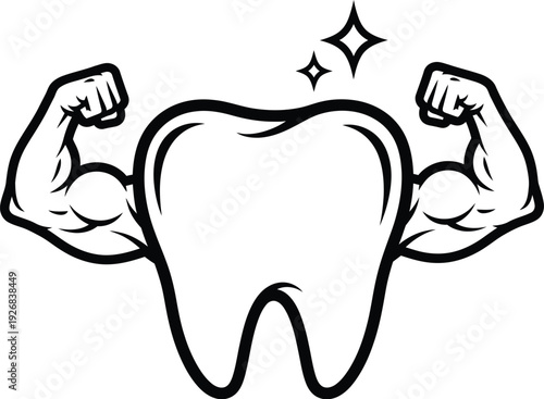 Strong healthy tooth cartoon with muscular arms showing power and dental health concept