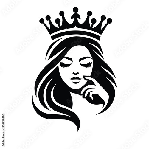 Elegant black and white vector illustration of a beautiful queen wearing a royal crown