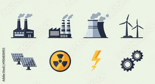 Various energy sources and industrial icons representing power generation and sustainability.