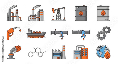 Oil and gas industry production and transportation icons set for energy.