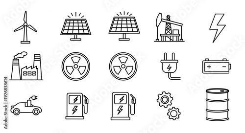 Energy sources and power generation icons representing different industries and technologies.