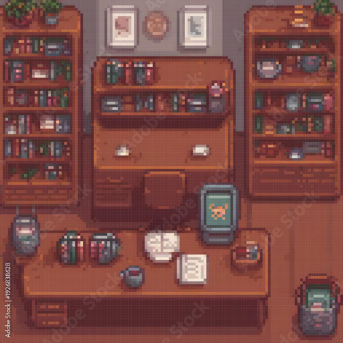 A pixel art image depicts a cozy home office with a desk, bookshelves, a clock, and a potted plant.