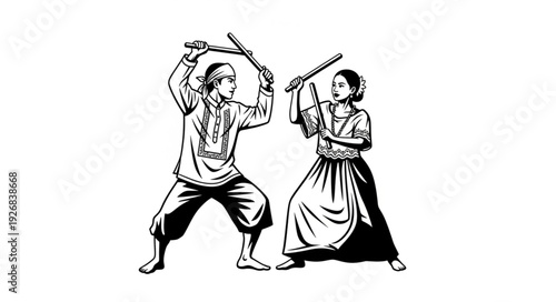 Filipino martial arts practitioners demonstrating stick fighting techniques in combat.