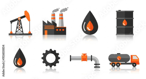 Oil and gas industry icons representing production, refining, and transportation.
