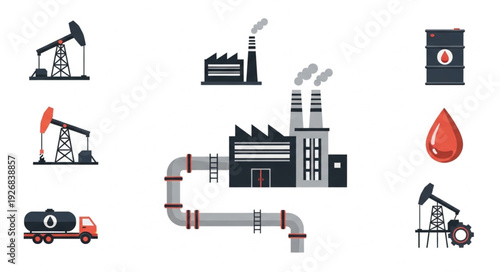 Oil industry production and transportation process with various elements.