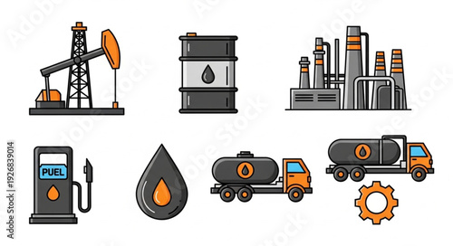 Oil and petroleum industry icons representing extraction, storage, and transportation.