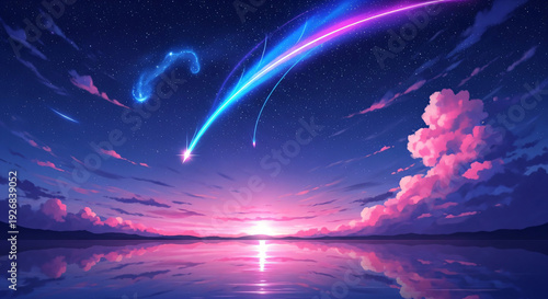 Vivid Cosmic Sky Glowing Star Trails Water Reflection