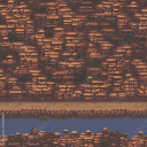 The image showcases a pixel art representation of a city with a river running through it, featuring unique buildings and a distinct brown color palette.